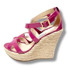 Jimmy Choo Dark Pink Patent Leather Porto Espadrille Platform Wedge Sandals 38